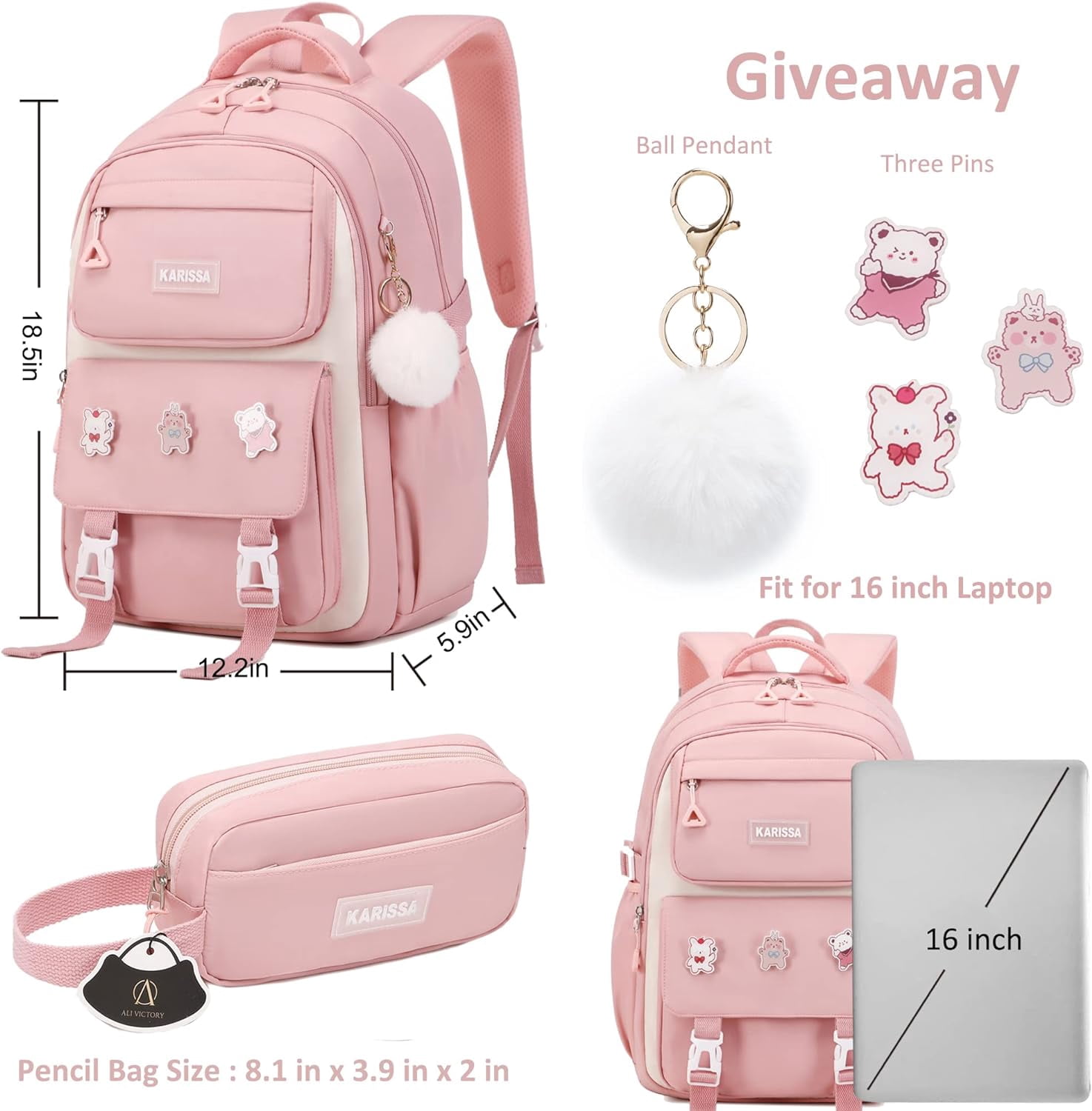 Bluboon Schulrucksack Set Mädchen - 3-teilig Mit Lunchbag & Federmäppchen