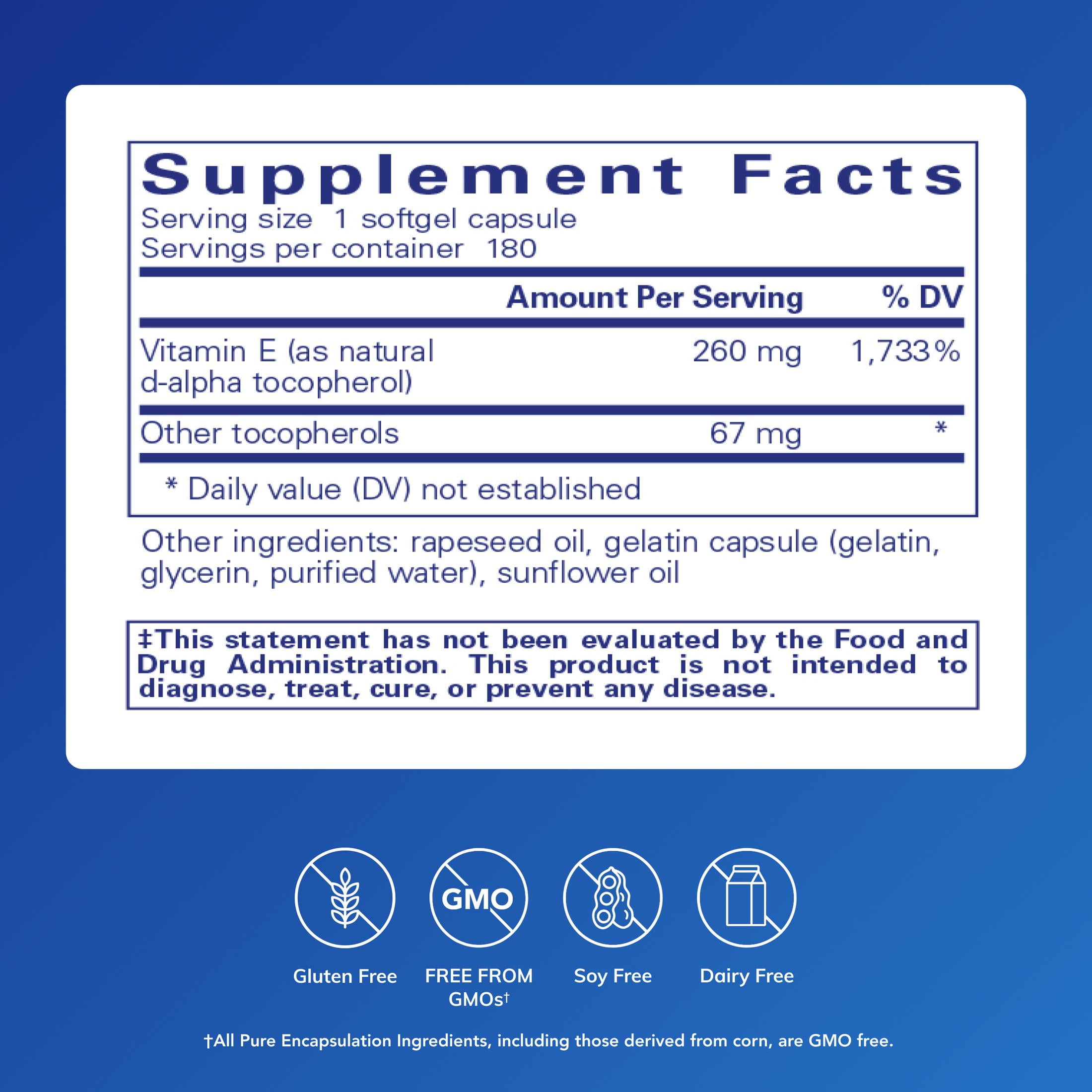 Pure Encapsulations Vitamin E (With Mixed Tocopherols) - Antioxidant Protection & Cellular Function* - Contains Mixed Tocopherols - Non-GMO - 180 Softgel Capsules