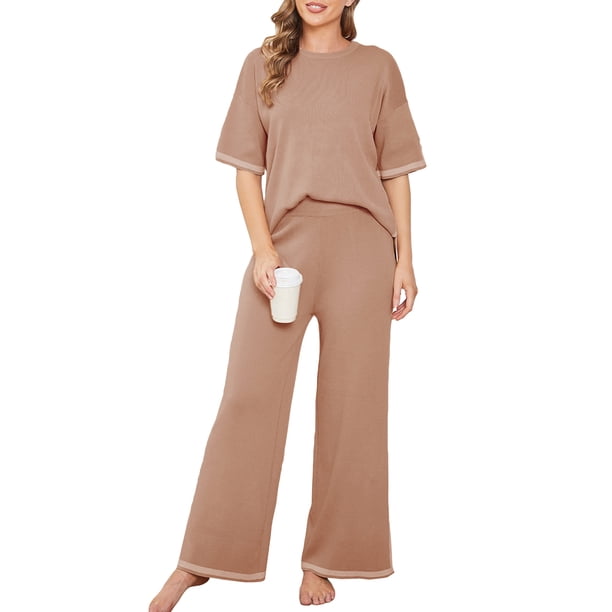 Lucakuins - Conjuntos informales de 2 piezas para mujer, manga larga, cuello redondo, pantalones de pierna ancha, conjuntos de ropa de calle Lucakuins moda