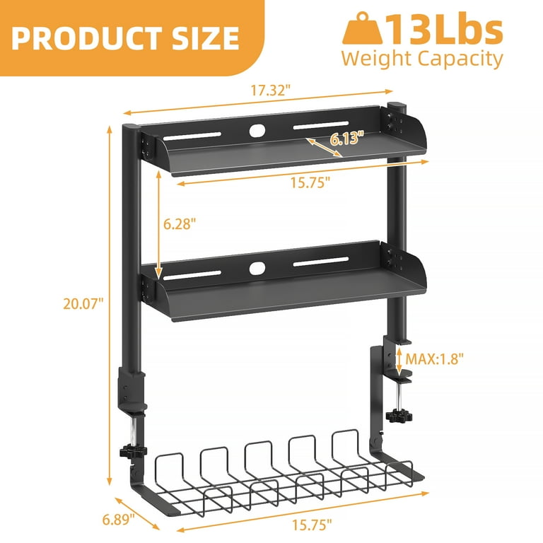 Mintazer 3-Tier Clamp-On Desk Shelving Unit with Under-Desk Cable Management Tray for Table Accessories, Gaming Devices, and More, Storage Tray, Desktop Organizer, Black