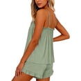 thumbnail image 6 of Women's Solid Satin Bridal Two Piece Pajama Sets, Ruffle Spaghetti Strap Tank Top & Elastic Waist Shorts, Romantic Glossy Fabric Ideal For Wedding Spa Daily | TruHer,Army Green L, 6 of 7