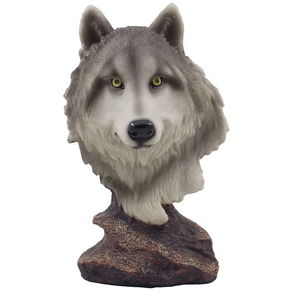 Gray Wolf Bust on Rock Statuette for Southwestern Decor Statues and