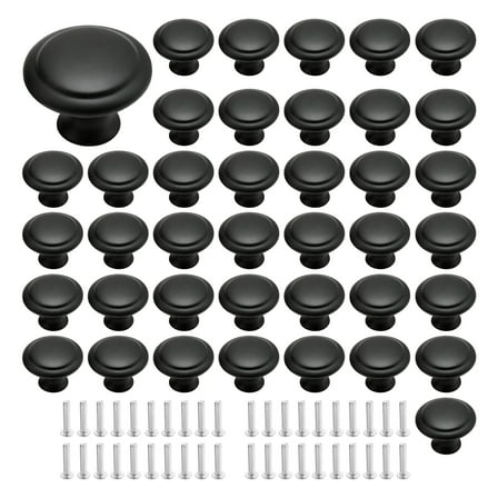 40 Set Satin Black Furniture Knobs, 1-3/16" Cabinet Hardware, Kitchen Drawer Cupboard Pulls with Screws