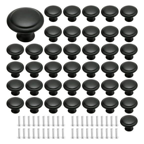 40 Set Satin Black Furniture Knobs, 1-3/16" Cabinet Hardware, Kitchen Drawer Cupboard Pulls with Screws