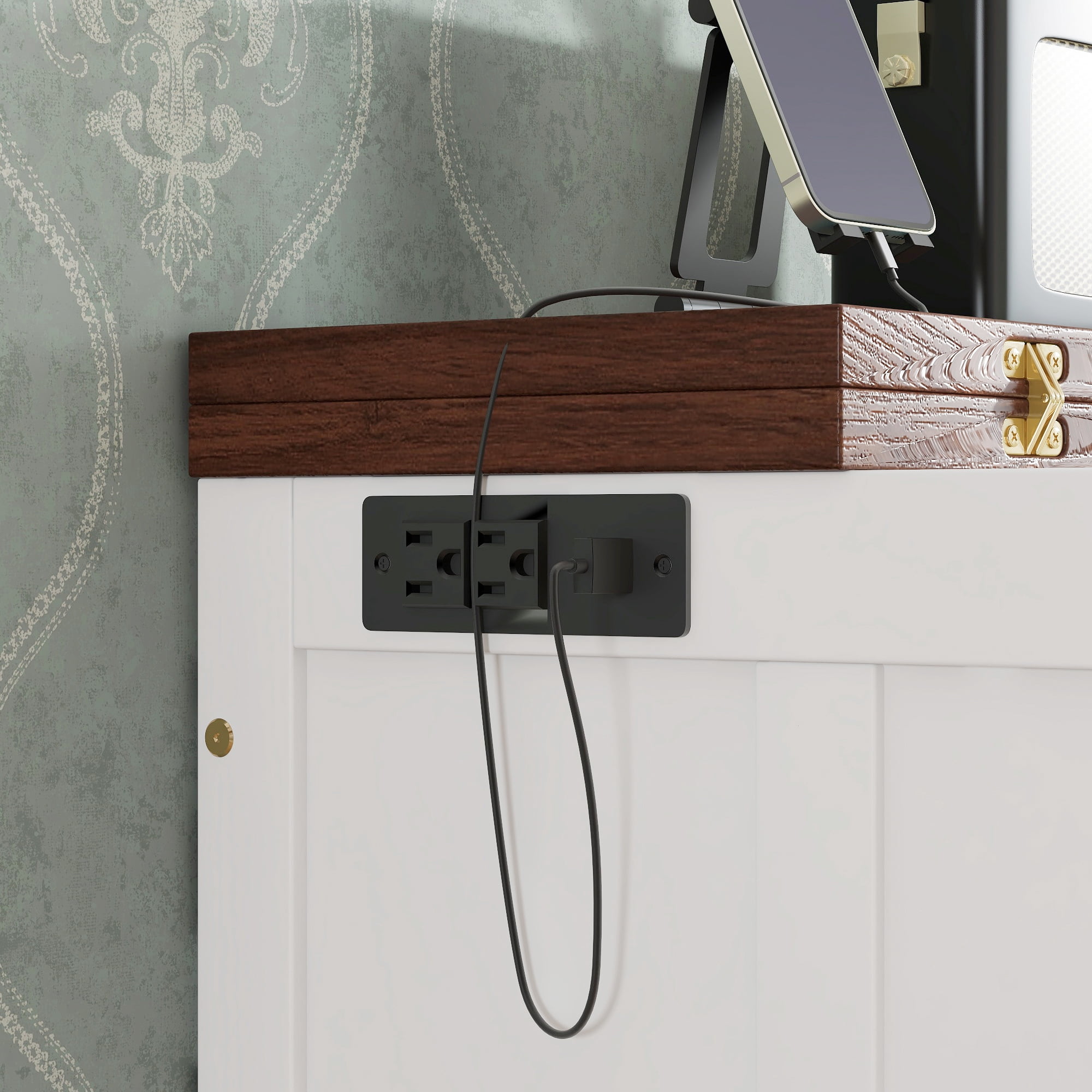 Leumius Queen Size Murphy Bed with Storage Drawer and Charging Station, USB Port, Solid Pine Murphy Bedframe for Home Office Studio or Guest Room White
