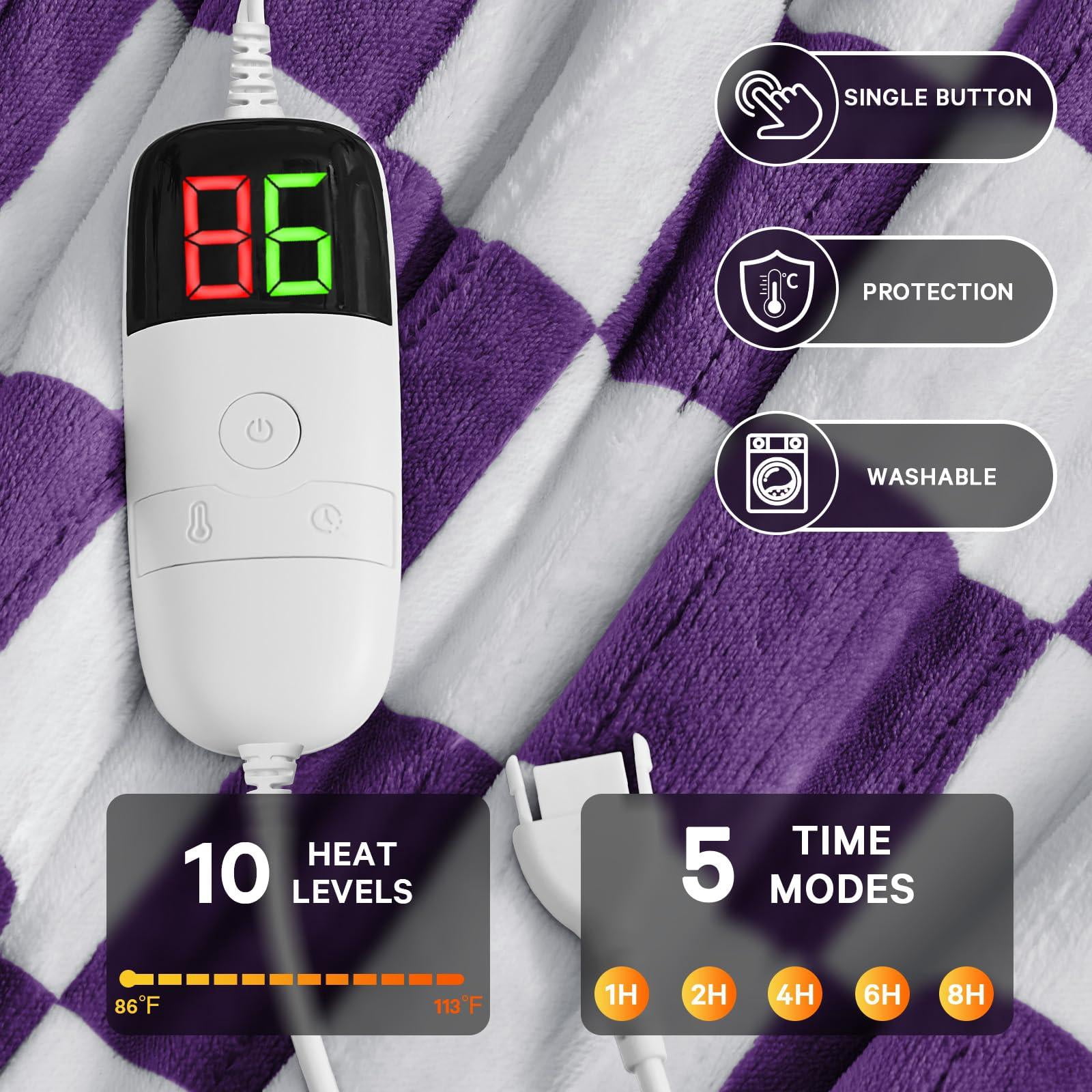 Heated Electric Blanket Throw  50x60 Heating With 10 Heat Level & 8 Hours Auto Off For Lap Deep Purple Checkered Plaid Soft Sherpa Blankets Mothers Day Gifts Mom Grandma Women Couch