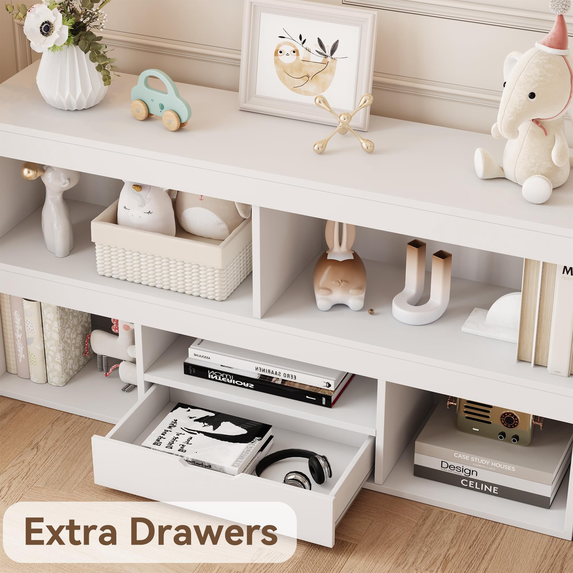 TROPOW IDEALHOUSE Toy Storage Organizer 5 Cubes Kids Bookshelf with Drawer Wooden Storage Cabinet Playhouse Shelves Cabinet for Boys Girls Toy Bookcase Playroom, Classroom, Nursery, Kids Room