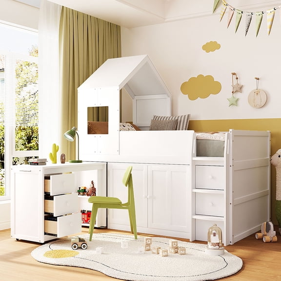 FFZ 82.5"H Twin Size Loft Bed with House Roof, Desk and Drawers and Cabinets, White