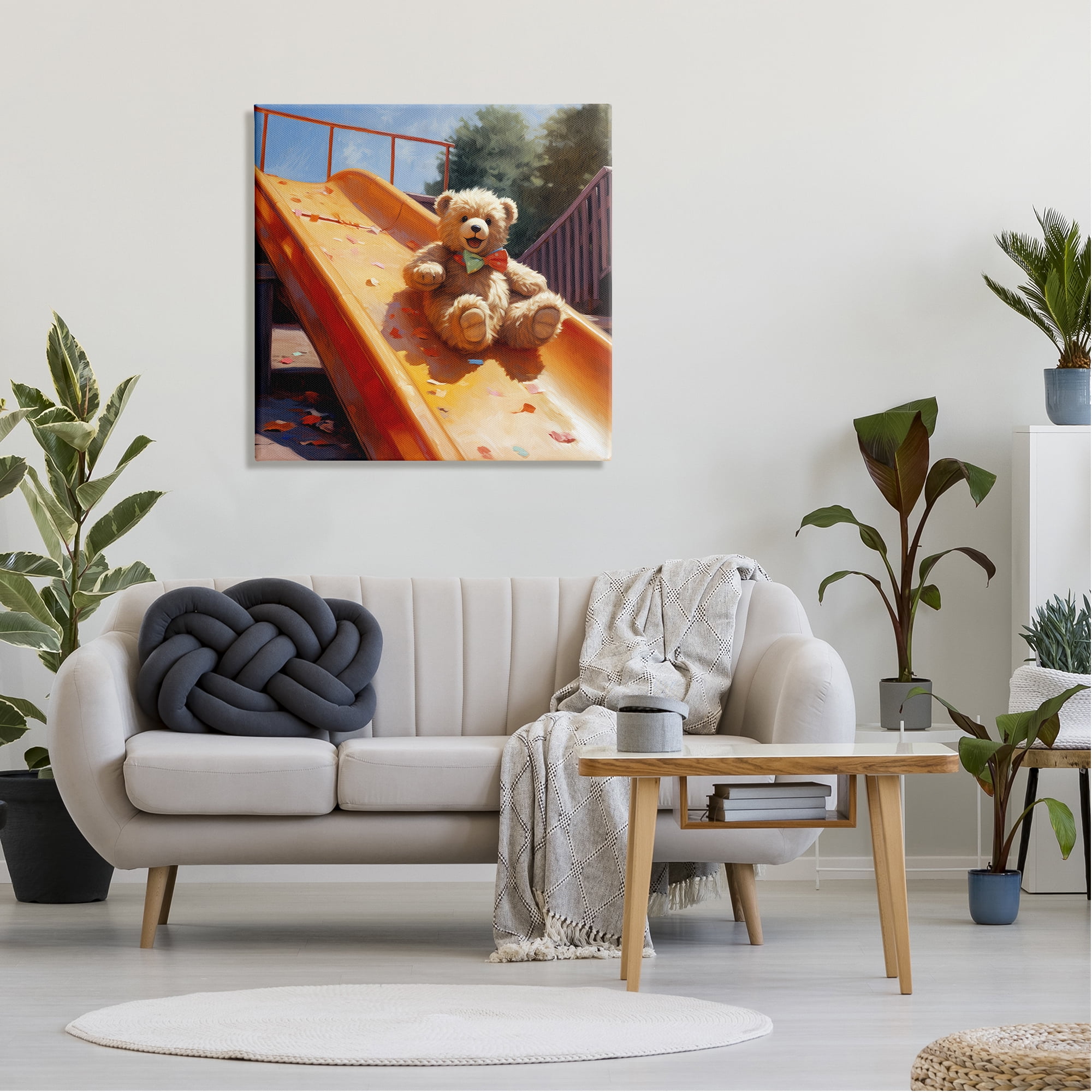 Stupell Industries Teddy Bear on Slide Animals & Insects Painting Gallery Wrapped Canvas Art Print Wall Art, 30 x 30