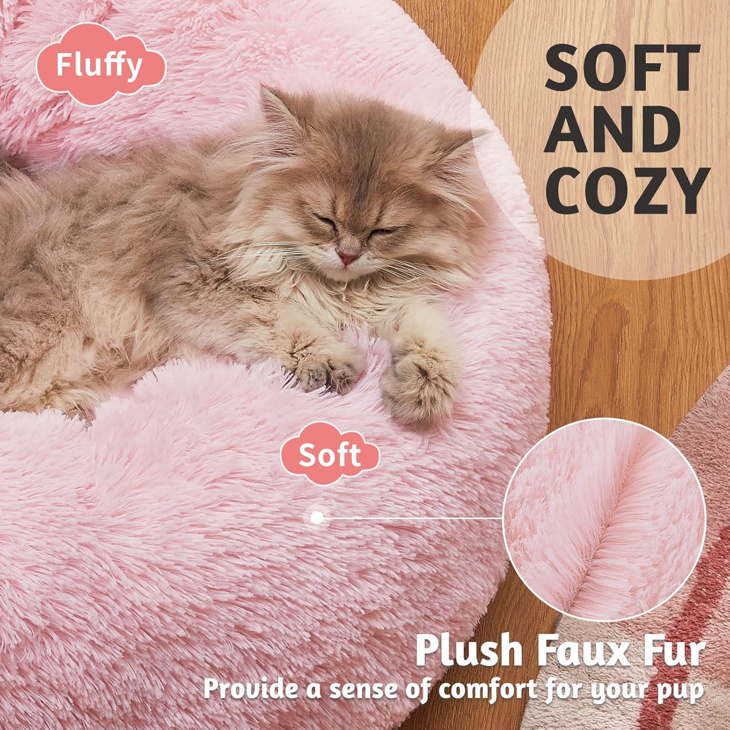 Calming Donut Cat Bed Pillow for Small Pets, Machine Washable Removable Cover, Comfort Plush Fluffy Faux Fur with Anti-Slip Bottom, Dogs-Friendly Round Cuddly Design, Pink, 20 inches