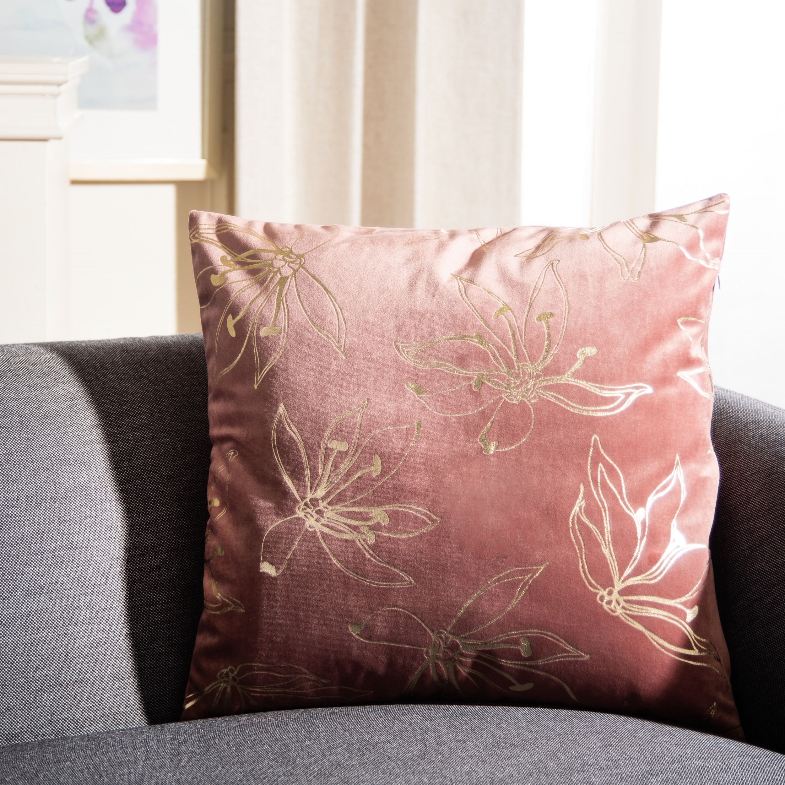 Safavieh Yari Floral Decorative Pillow, 18" x 18", Grey/Gold