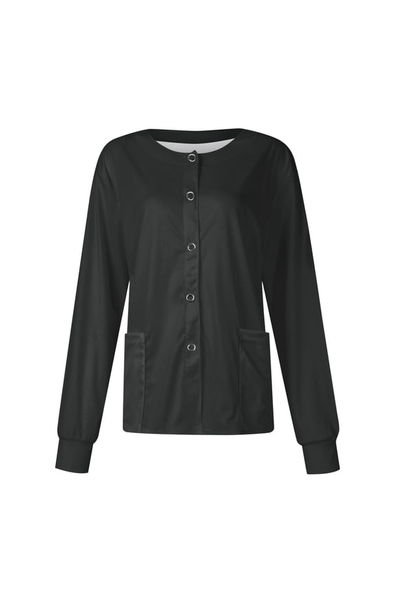 Scrub Jackets for Woman Long Sleeve Snap Front Solid Color Scrub Tops Plus Size Warm Up Medical Nurse Working Uniform Black M
