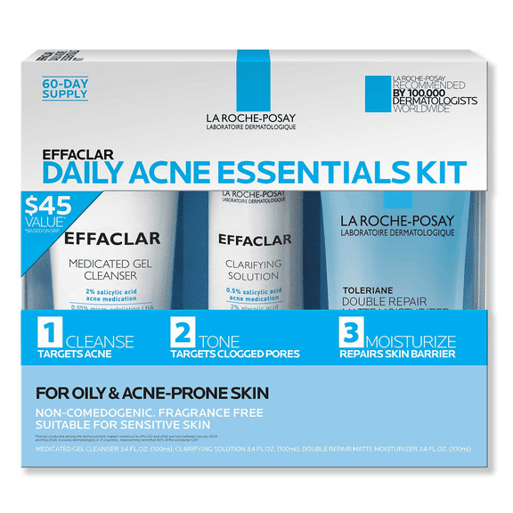 La Roche-Posay Effaclar Acne Daily Essentials Kit with Salicylic Acid Face Wash, Toner and Moisturizer
