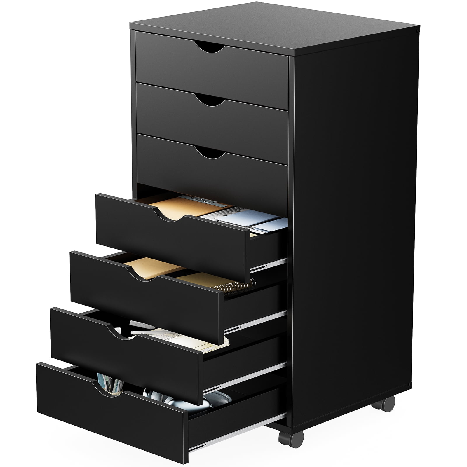 EDX 7 Drawer Chest File Cabinet, Mobile Storage Organizer Wood Dresser Printer Stand for Home Office, Black
