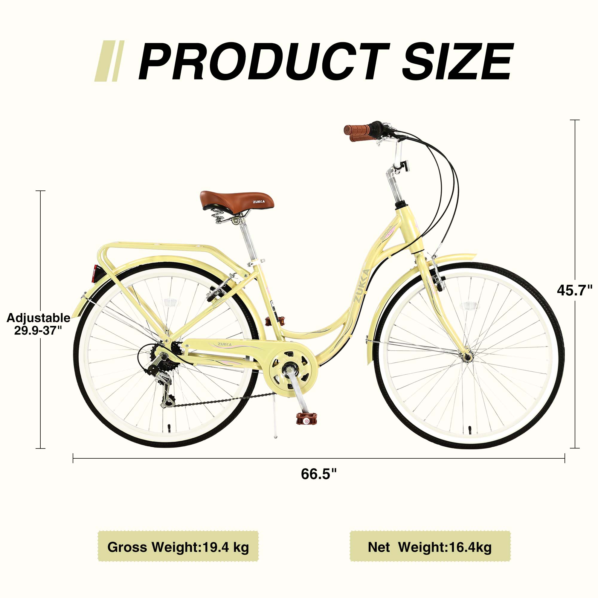 Aukfa 26" Cruiser Bike, 7 Speed Bicycle Hybrid Bikes for Women Girls Ladies, Yellow