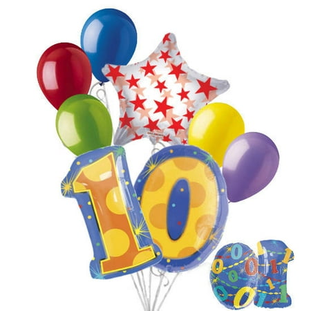 8 pc 10th Birthday Theme Balloon Bouquet Party Decoration Number Primary