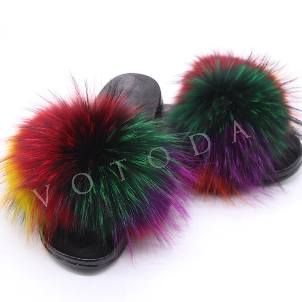 Summer Women Fur Slippers Woman Fluffy Raccoon Fox Fur Slides Female Furry Outside Flat Flip Flop Ladies Rainbow Slip On Sandals S 5 Walmart