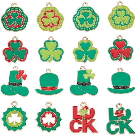 1 Box 32Pcs 16 Styles St. Patrick's Day Charms Green Lucky Charms Bulk Alloy Enamel Hats Shamrock Cute Holiday Charms for Jewelry Making Charms Diy Craft Earring Necklace Bracelet Gift