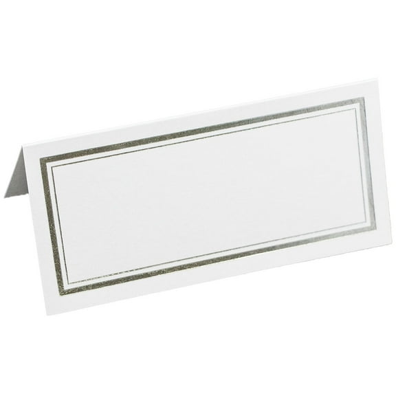 JAM Foldover Place Cards, 2x4.25, 100/Pack, White with Silver Double Border