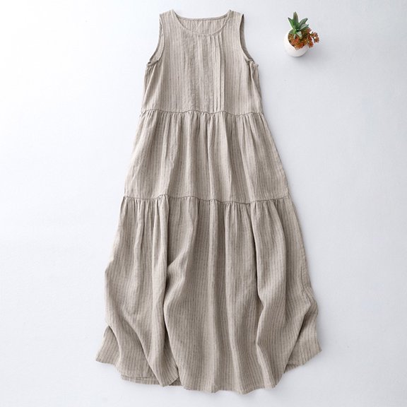 Bnwani Womens Summer Dresses,Ladies Dresses,Striped,Sleeveless,Crew Neck,Tiered,Khaki,M