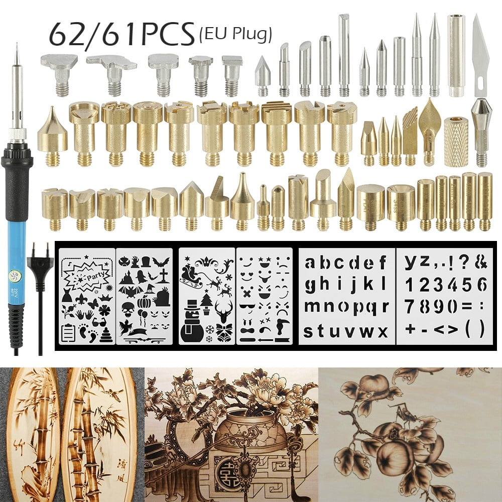 62Pcs/set 60W Wood Burning Pen Soldering Iron Kit Pyrography Craft Tips Stencils 