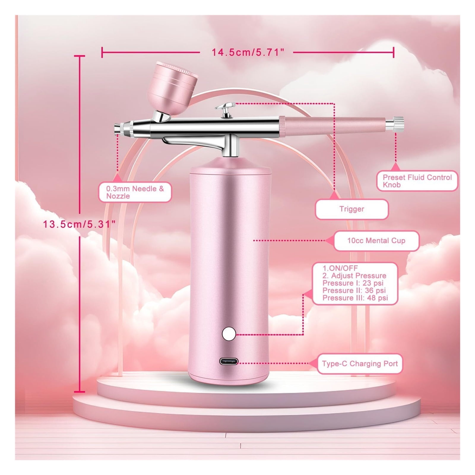 Airbrush Kit with Compressor, Air Brush Machine for Nails, 0.3Mm Nozzle Oxygen Injector, Cordless Airbrush Gun, for Skin Hydration, Nail Art, Tattoo, Painting, Makeup, Cake, Barber