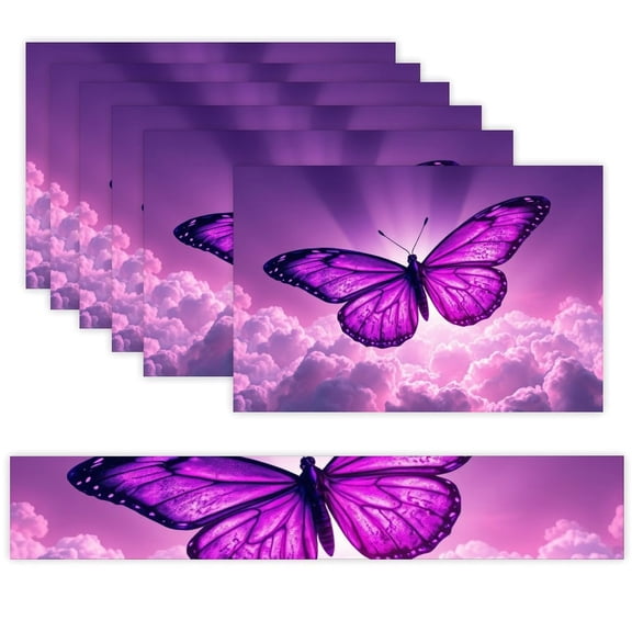 7 Piece Linen Table Runner and Placemats Set, Purple Butterfly Dream Round Corner Heat Resistant Washable Table Mats for Home Kitchen Dining Party Decoration