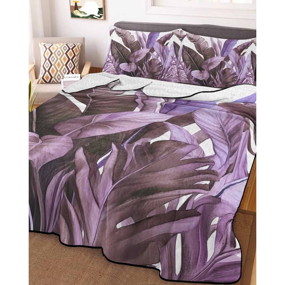 Purple Tropical Leaves Twin Size Down Alternative Comforter, Lightweight Comforter Quilt Bedding Set with Pillow Shams Simple Watercolor Palm Plants All Seasons Bed Comforter Duvet Insert 68"x86"