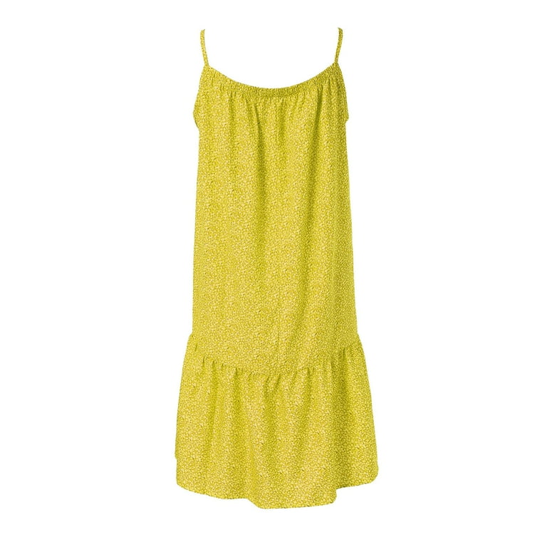 Yellow Dresses Women Casual Floral O Neck Ruffle Hem Spaghetti Strap Sleeveless Short Dress Beach Dress Prom Dresses 2024