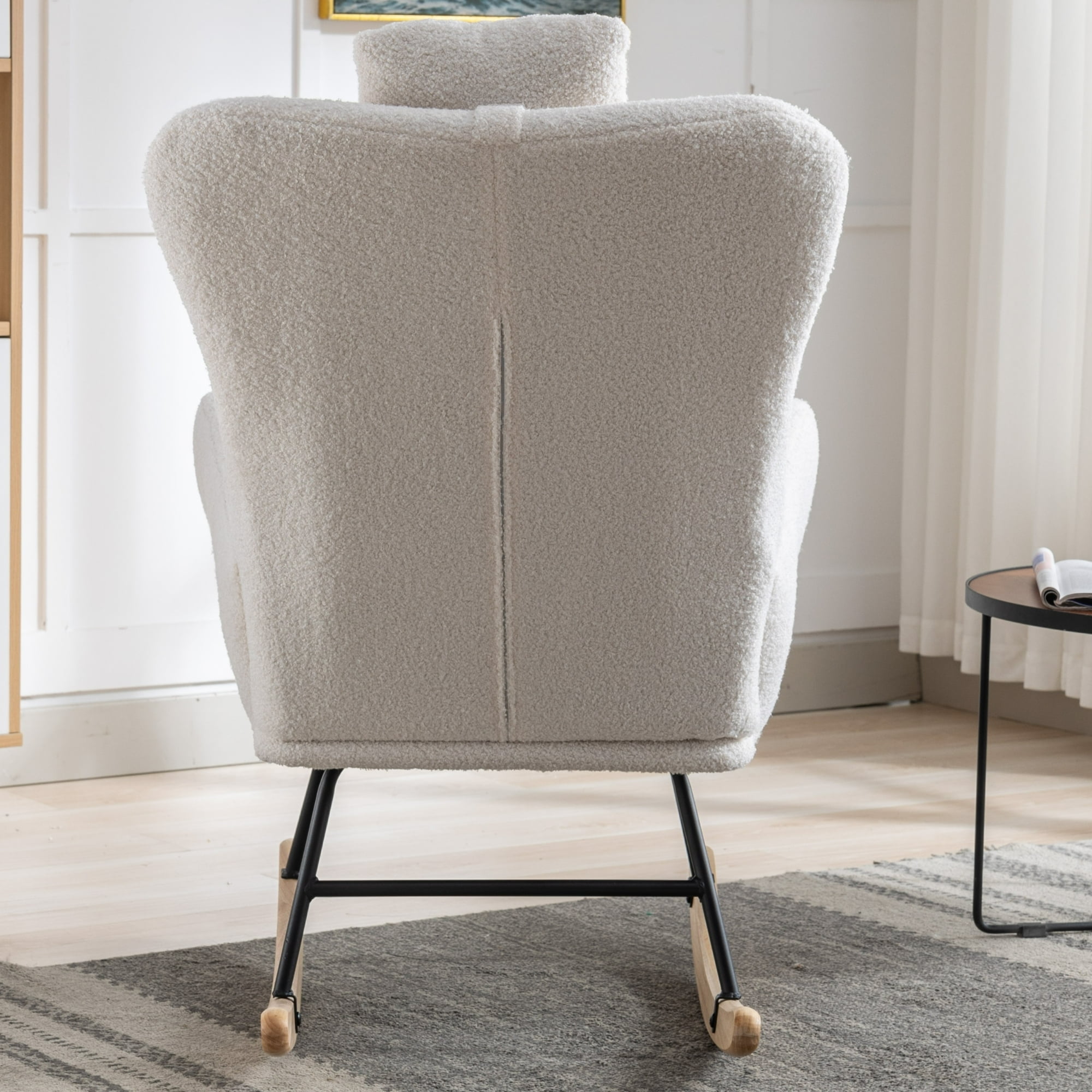 Nursery Rocking Chair, 35.5" Teddy Fabric Upholstered Glider Rocker with High Backrest, Modern Rocking Accent Chairs Comfy Side Chair for Nursery, Bedroom, Living Room,White