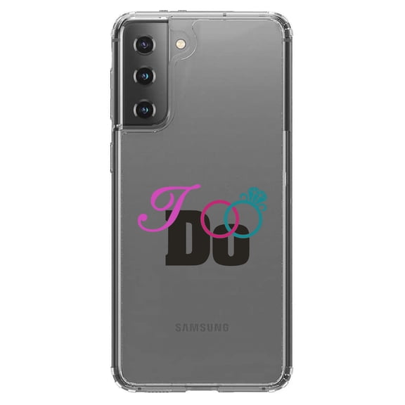 DistinctInk Clear Shockproof Hybrid Case for Galaxy S21 5G (6.2" Screen) - TPU Bumper Acrylic Back Tempered Glass Screen Protector - I Do - Wedding Rings