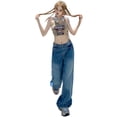 thumbnail image 5 of Vaqueros de pierna ancha azules lavados con grietas para mujer, pantalones de fregado rectos retro holgados, novedad de 2024, 5 of 5