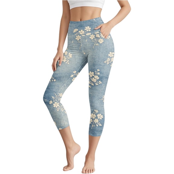 Edvintorg Cropped Pants for Women Plus Size Floral Slim Fit Athletic Yoga Capris High Waisted Casual Capri Legging with Pockets Womens Fashion Blue M