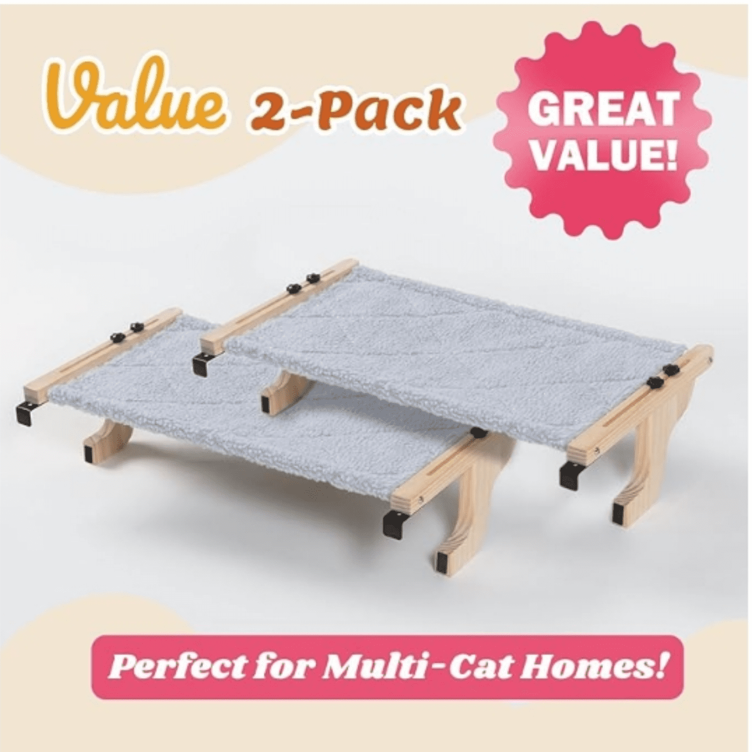 2PC Easy Seat Cat Perch for Window Sill - Hammock Design w/Pine Wood & Robust Metal Frame - Cat Window Seat for Large Cats and Kittens (  Color Wood w/Gray Bed, Medium (23''W x 14''D))