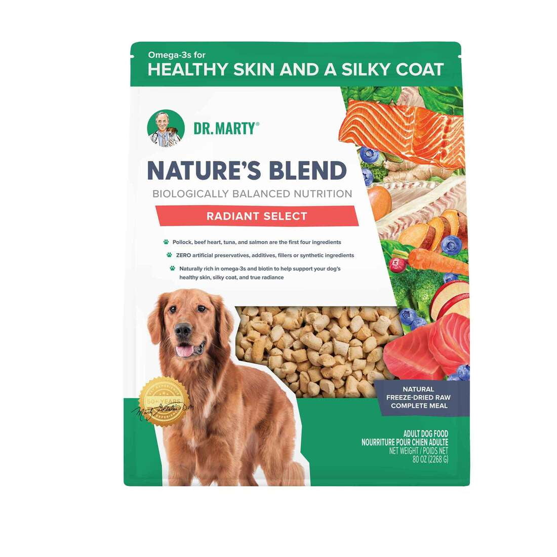 Dr. Marty Nature's Blend Radiant Select, Freeze-Dried Raw Dog Food, Omega-3s & Biotin for Healthy Skin & Coat 80 oz Value Size