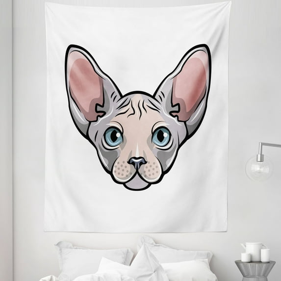 Pink Cat Tapestry, Cartoon Drawing Sphynx Breed in Pastel Colors Illustration Print, Fabric Wall Hanging Decor for Bedroom Living Room Dorm, 5 Sizes, Purple Grey Blush and Peach, by Ambesonne