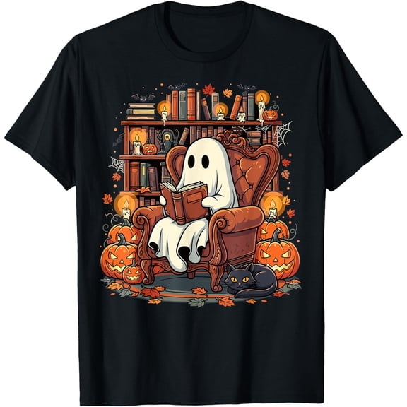 Halloween Ghost Reading Books Pumpkin Black Cat Library T-Shirt