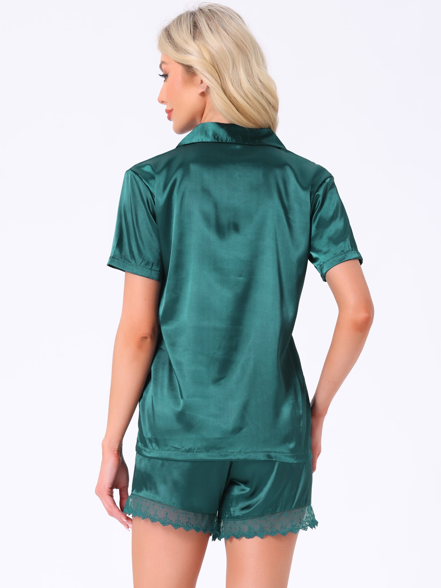 DARING DIVA Satin Silky Pajamas Button Down 2 Pieces Sleepwear L Green