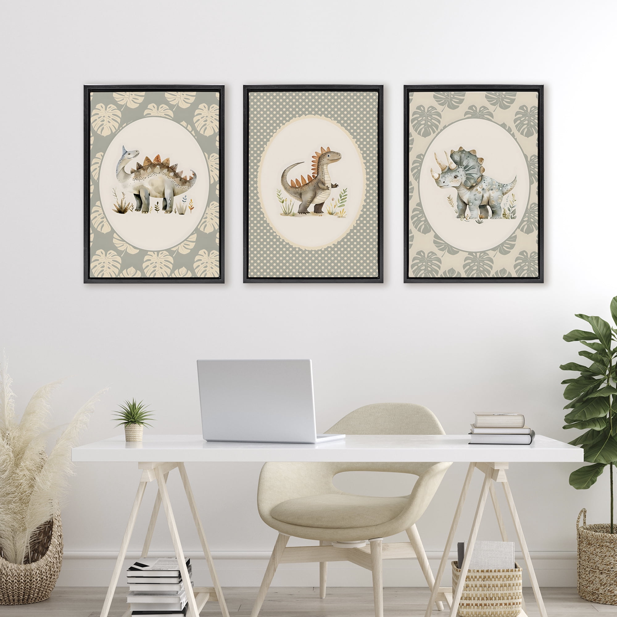 Stupell Industries Nursery Dinosaurs Tropical Border 3 Piece Black Framed Floater Canvas Set, design by LSR Design Studio