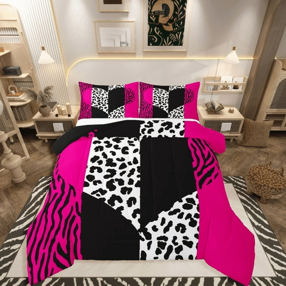 Manfei Animal Print 2pcs Bedding Comforter Set,Love Heart Print Twin Comforter Sets,Black Pink Breathable Bedding Set,Ultra Soft Abstract Home Decor,Reversible
