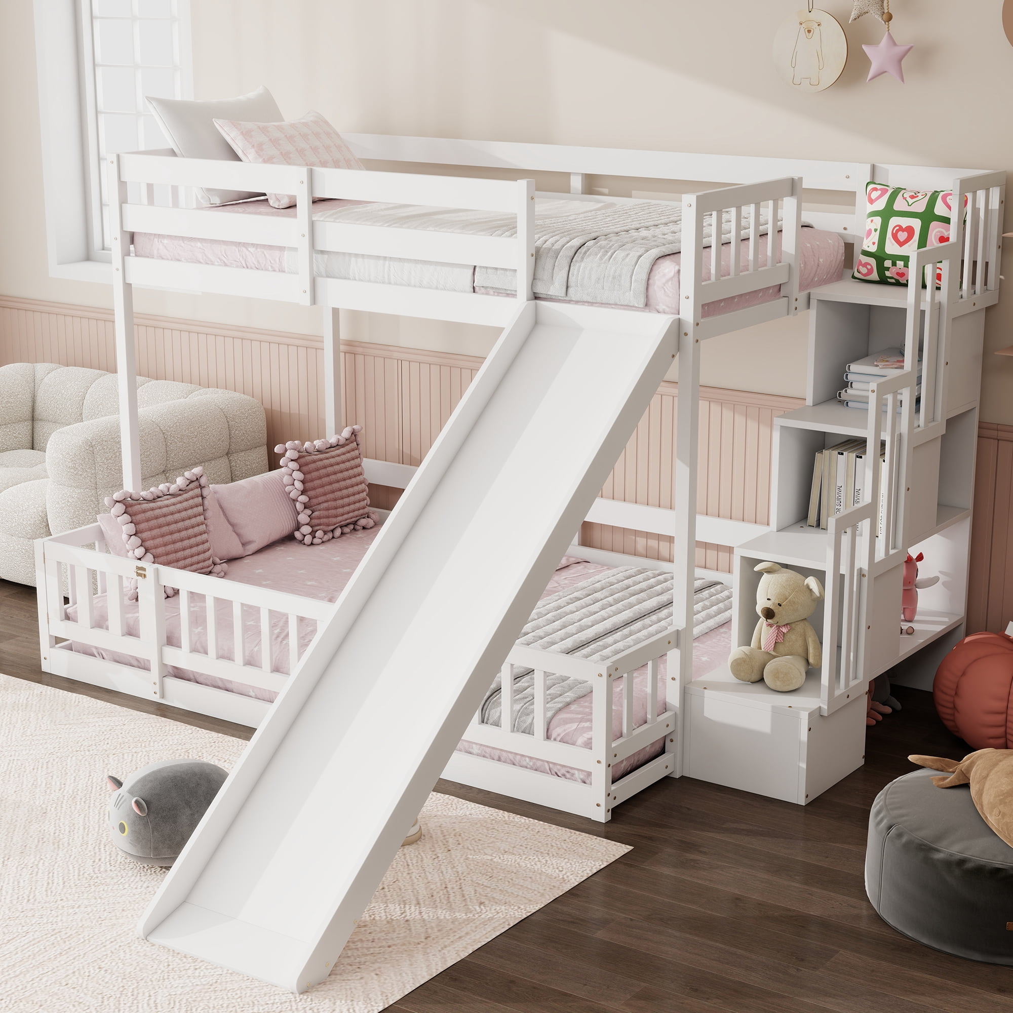 Mintazer Twin Over Full Bunk Bed with Slide & Storage Staircase, Kids Floor Bunk Bed with Guardrails, White