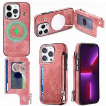 for iPhone 13 Pro Zipper Wallet Case with Card Holder, Back Flip Folio PU Leather Card Slots Case for Men Women, Magnetic Wireless Charging Shockproof Cover for iPhone 13 Pro 6.1", Pink