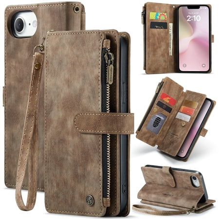 for iPhone 16 E Wallet Case with 10 Card Slots, Zipper Pocket and Magnetic Flip Folio, RFID Blocking Card Holder Stand Leather Detachable Wristlet Strap 3-in-1 Case for Women and Men,Brown