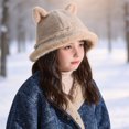 thumbnail image 3 of Ferjadq Kids Fuzzy Fleece Cat Ear Bucket Hat Short Brim Cute Winter Fisherman Cap for Toddler Girls Multi Tone Beige,2-8 Years, 3 of 6