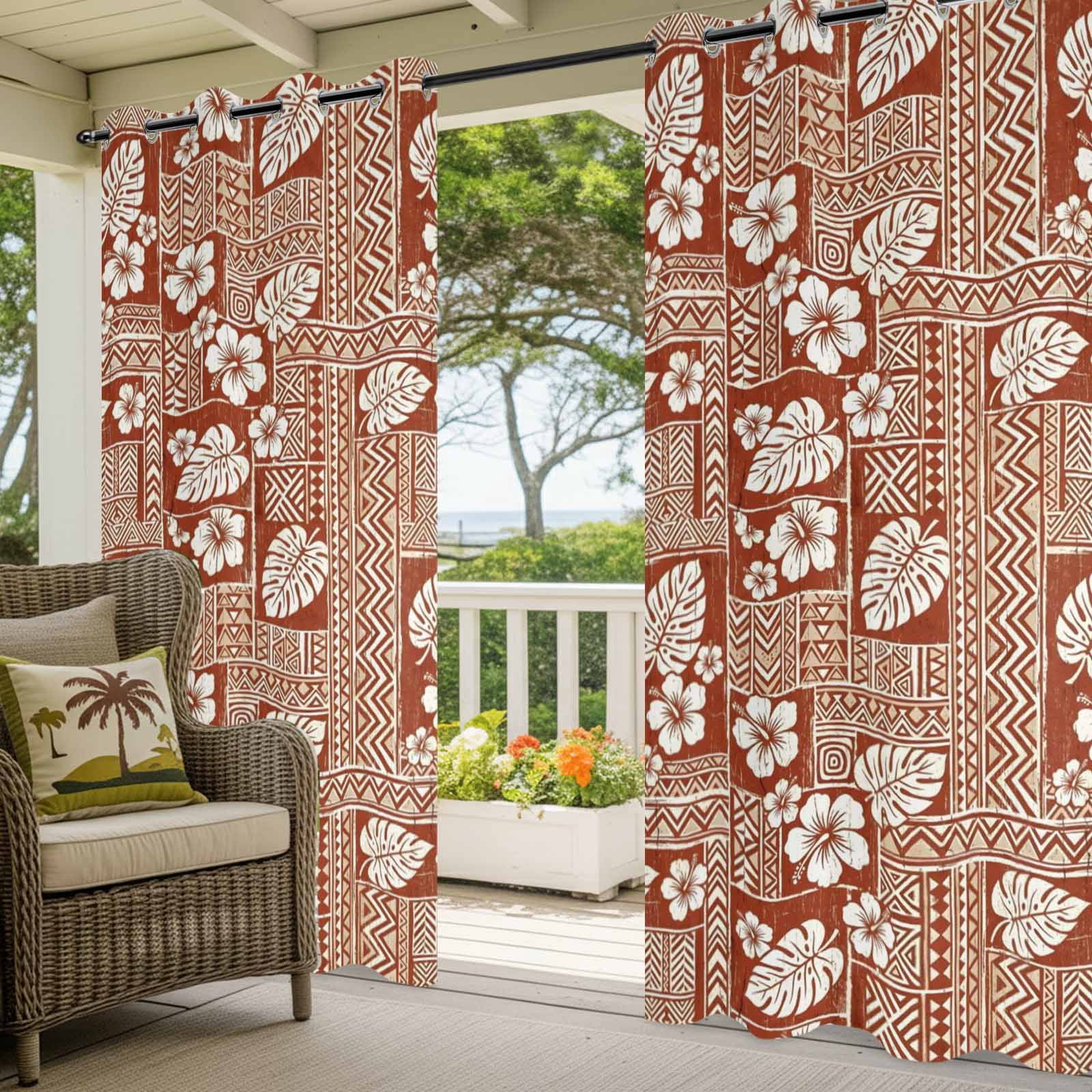 Tropical Blooms Outdoor Curtains for Patio, Summer Vintage Floral Brown Plaid Farmhouse Sunshade Privacy Drapes Grommet Waterproof Outside Curtains for Porch/Cabana/Balcony 54"x 108", 1 Panel
