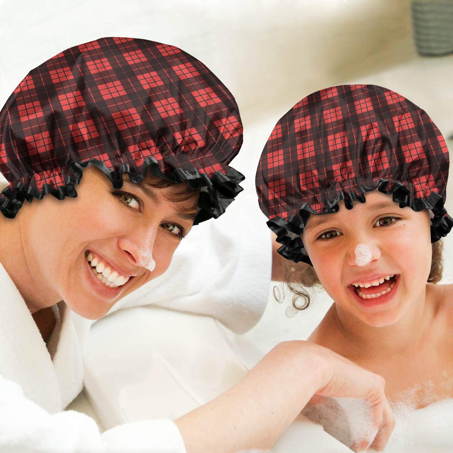 Shower Caps,Red and Black Christmas Plaid Pattern Waterproof Shower Cap for Women 4 Pieces,Double Reusable Hair Cover for Shower PEVA Elastic Stretch Hem
