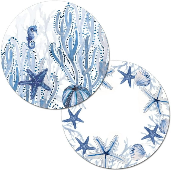 Wipe-Clean Reversible Round Shaped Placemats, Indigo Coastal, Set of 2, Made in The USA