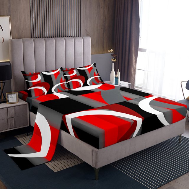 Erosebridal Ensemble de Draps Rouge Gris Noir Blanc Format Double, Ensembles de Literie à Rayures Géométriques Format Double, Déco de Chambre Moderne 4 Pcs