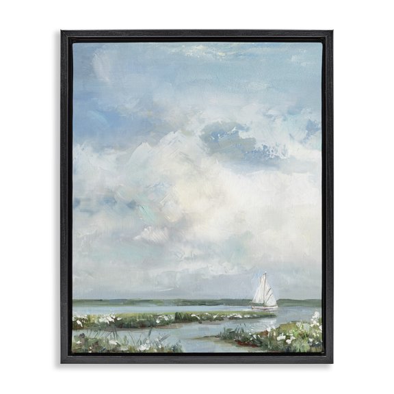 Stupell Industries Coastal Sailboat On Summer Marsh Black Floating Frame Canvas Art, 17 x 21, by Sally Swatland