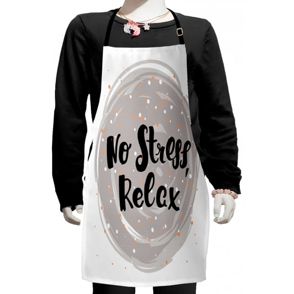 Saying Kids Apron, No Stress Relax Lettering Brush Stroked Style on Vortex, Boys Girls Apron Bib with Adjustable Ties for Cooking Baking Painting, Dark Brown Pale Grey, by Ambesonne